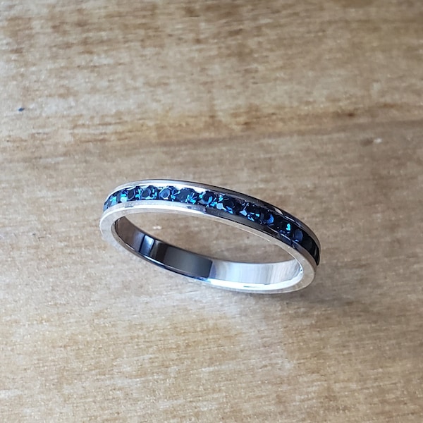 Dark Sapphire Stackable, Blue Crystal Eternity Band, 3mm Ring, Channel Set Ring