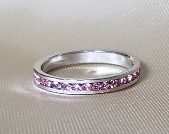 Pink Crystal Eternity Band, Pink October Birthstone Ring, 3mm Stackable Band in Channel Setting, Round Cut Crystals - Sizes 5-10