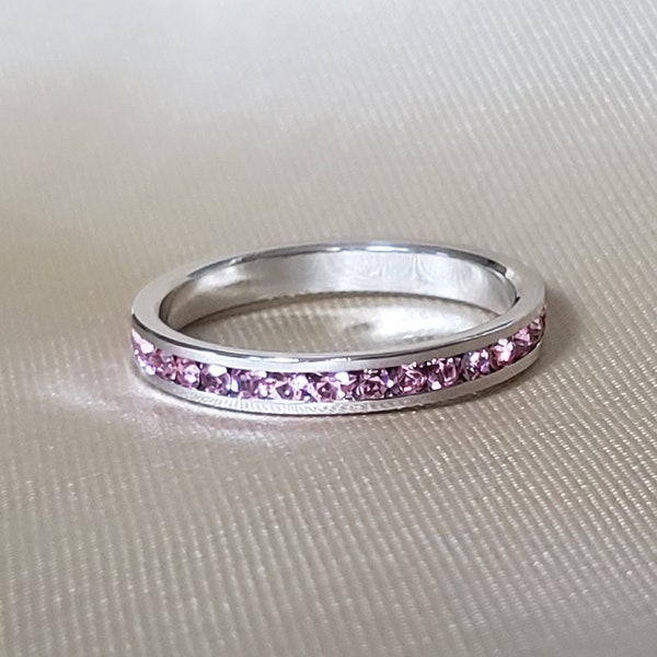Pink Crystal Eternity Band, Pink October Birthstone Ring, 3mm Stackable Band in Channel Setting, Round Cut Crystals - Sizes 5-10