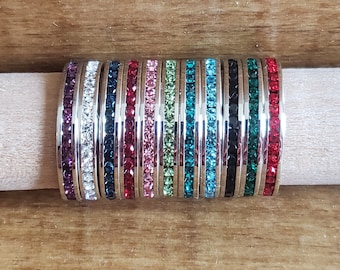 Birthstone Crystal Eternity Bands, 3mm Stackable Rings, Channel Setting Round Cut, Wedding Bands, 1.5mm Fine Crystals