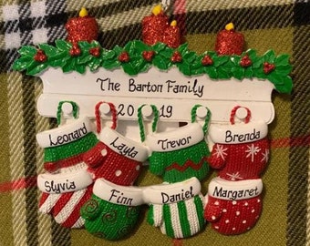 Personalized Christmas Ornament Family of 8 - Mitten Gloves on Mantle - Family of 8 Ornament