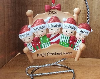 Family of 5 Personalized Christmas Ornament, Christmas Eve, Family Waiting for Santa