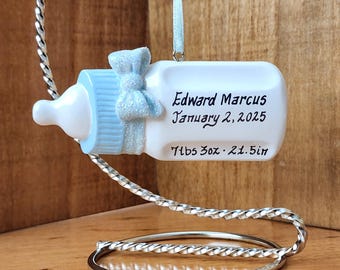 Personalized Baby Bottle Christmas Ornament, Baby's First Christmas, Blue and White