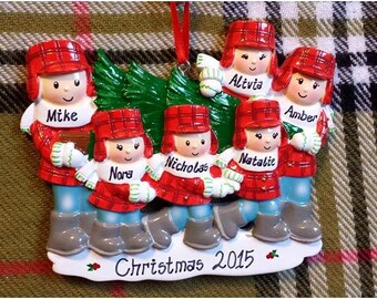 Personalized Christmas Ornament Family of 6 Carrying a Christmas Tree - Family Christmas Ornament, Gift for Mom - Gift for Grandma