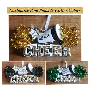 Personalized Cheerleader Ornament, Customized Pom Poms, Customized Cheer Megaphone Christmas Ornament