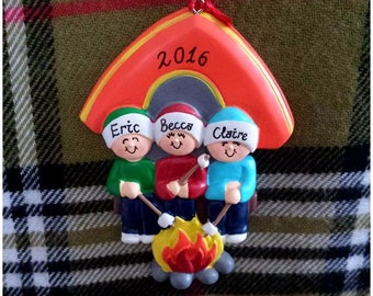 Family of 3 Camping Personalized Christmas Ornament, Roasting Marshmallows Family of 3, Family Travel Vacation Ornament,  Camping Trip