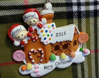Personalized Gingerbread House Christmas Ornament - 2 People, Couple's Ornament, Gift for Grandma, Gingerbread Kids - Customize Skin Tones