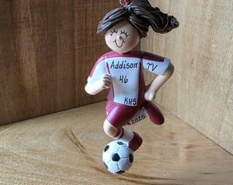 Personalized Soccer Player Christmas Ornament, Red White Uniform, Soccer Mom, Gift for Her