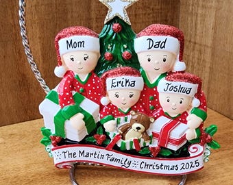 Personalized Family of 4 Christmas Ornament: Christmas Morning Opening Presents