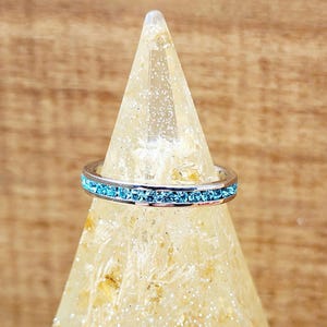 Aquamarine Crystal Band, March Birthstone, 3mm Eternity Ring, Light Blue Round Cut Crystals