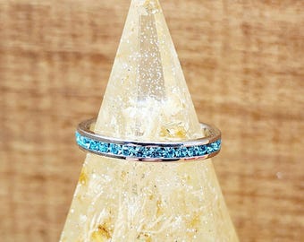 Aquamarine Crystal Band, March Birthstone, 3mm Eternity Ring, Light Blue Round Cut Crystals