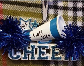 Personalized Cheer Megaphone and Blue Pom Poms - Gift for Cheerleader - Cheer Birthday - Cheer Ornament - Cheer Team Gifts