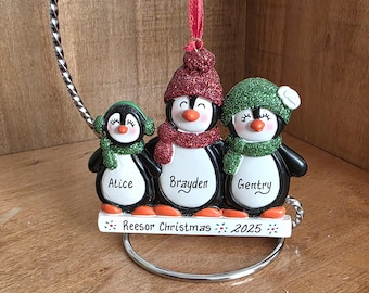 Penguin Family Personalized Christmas Ornament, 3 Penguins Holiday Ornament, Family of 3