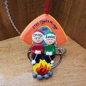 Family Two People Camping Ornament, Couple Roasting Marshmallows, Personalized Camping Trip Christmas Ornament