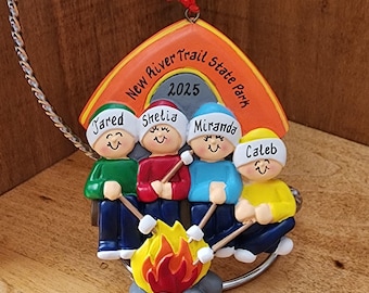 Personalized Camping Trip Ornament, Family 4 People Vacation, Campfire Roasting Marshmallows Christmas Ornament