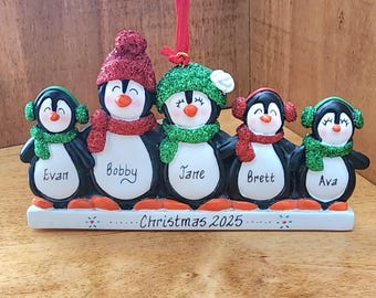 Penguin Personalized Christmas Ornament, Family of 5 Penguins Holiday Ornament