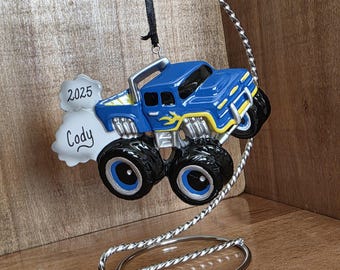 Personalized Blue Monster Truck Christmas Ornament for Kids