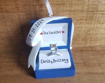 Engagement Ring Box Personalized Ornament, She Said Yes, Christmas Marriage Proposal, Marry Me Ornament