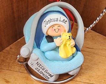 Personalized Baby Boy First Christmas Ornament: Blue Car Seat