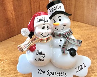 Personalized Expecting Couple Christmas Ornament: Snowman Couple Tree Decor