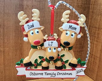 Personalized Reindeer Family Christmas Ornament: Family of 3