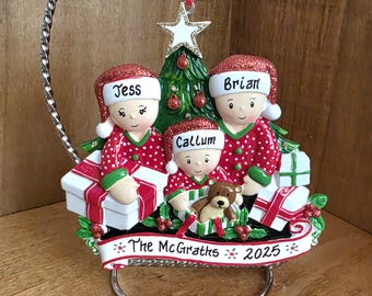 Personalized Family of 3 Christmas Ornament: Christmas Morning Opening Presents