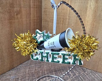 Personalized Cheerleader Ornament, Cheerleading Captain, Cheer Megaphone, Pom Poms, Customizable Colors