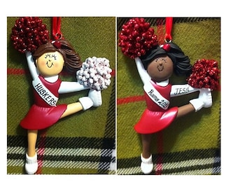 Personalized Cheer Ornament - Cheerleader Red and White Uniform - Customize Pom Poms - Cheer Team Gift