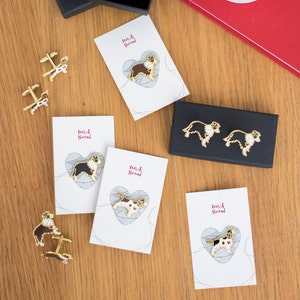 A collection ofborder collie and springer spaniel enamel pins and cufflinks by Ren and Thread. Perfect wedding day gifts.