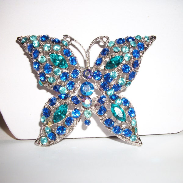 Silver-tone Butterfly with Teal, Aqua and Cobalt Vintage Rhinestones