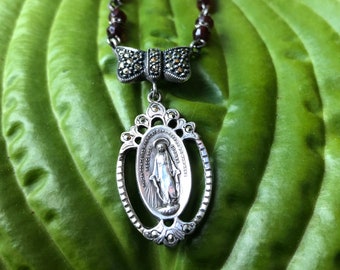 HANDMADE /& GORGEOUS! Heavy Chain Necklace Miraculous Medal Assemblage Combines Large Medal Rhinestone Pendant Sterling Charm