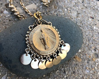 HANDMADE /& GORGEOUS! Heavy Chain Necklace Miraculous Medal Assemblage Combines Large Medal Rhinestone Pendant Sterling Charm
