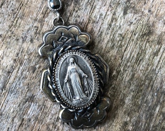 HANDMADE /& GORGEOUS! Heavy Chain Necklace Miraculous Medal Assemblage Combines Large Medal Rhinestone Pendant Sterling Charm