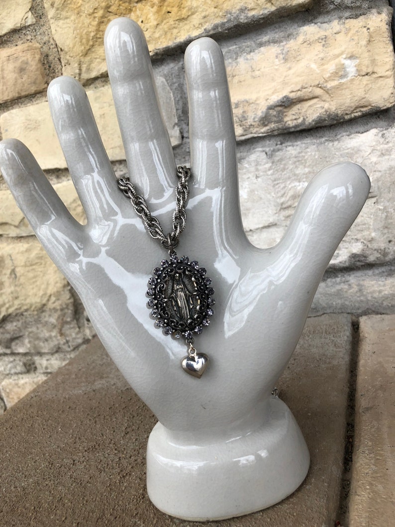 HANDMADE /& GORGEOUS! Heavy Chain Necklace Miraculous Medal Assemblage Combines Large Medal Rhinestone Pendant Sterling Charm