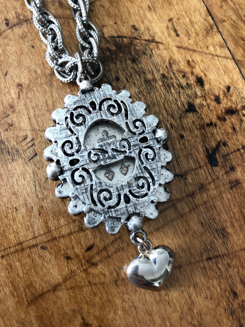 HANDMADE /& GORGEOUS! Heavy Chain Necklace Miraculous Medal Assemblage Combines Large Medal Rhinestone Pendant Sterling Charm