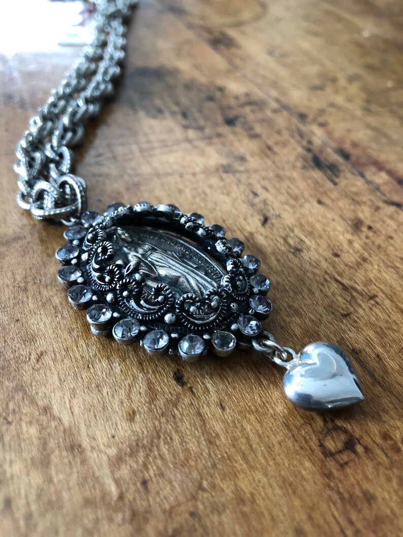 HANDMADE /& GORGEOUS! Heavy Chain Necklace Miraculous Medal Assemblage Combines Large Medal Rhinestone Pendant Sterling Charm