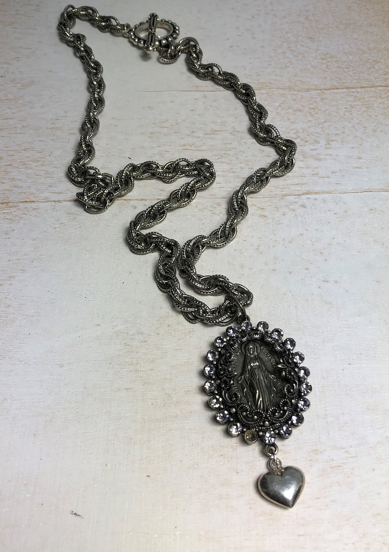 HANDMADE /& GORGEOUS! Heavy Chain Necklace Miraculous Medal Assemblage Combines Large Medal Rhinestone Pendant Sterling Charm