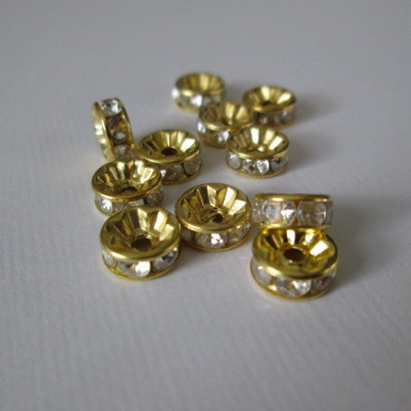 100 Rhinestone Spacer Beads, Gold Tone Rhinestone Beads,  8mm Rondelle Spacer Beads, Rhinestone Beads, Grade 'B' Stone