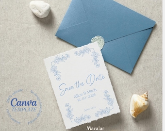 Plantilla azul empolvado para anunciar la fecha de la boda / Paquete de boda / Editable en Canva / Imprimible / Papelería de boda floral elegante