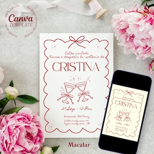 Puede incluir: Una tarjeta de invitación blanca con un borde festoneado rojo y texto en español, incluyendo el nombre "CRISTINA". El diseño presenta dos copas de champán y detalles del evento. Un smartphone muestra una invitación similar. Peonías rosas y una cinta en el fondo.