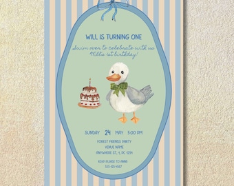 Invitación Cumpleaños Pato Acuarela Vintage, Plantilla Canva Editable Animal Tierno, Primer Cumpleaños Niño/Niña (Digital)