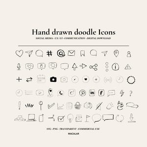 May include: Hand-drawn doodle icons in black ink on a cream background. The icons include social media symbols, speech bubbles, hearts, and other communication-related graphics. Text at the top reads "Hand drawn doodle Icons".