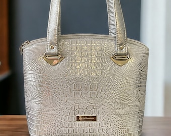 Handmade Croc Embossed Faux Leather Shoulder Bag: Silver Metallic Domed Purse