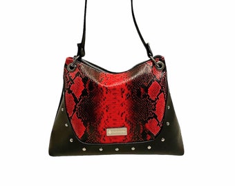 Red Black Faux Snake Skin Shoulder Strap Handbag, Large Purse, Vegan Leather Purse, Faux Reptile Handbag