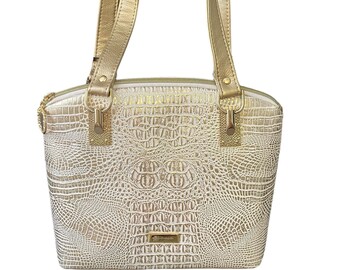 Faux Leather Purse, Gold White Medium Shoulder Bag, Croc Faux Leather Purse, Zip Top Bag, Domed Shaped Bag, Metallic Embossed Textured Bag