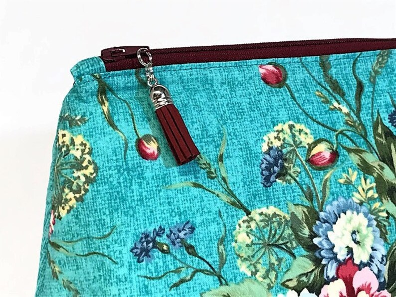 Large Teal Floral Makeup Bag Cosmetic Pouch Fabric Zip Bag Etsy