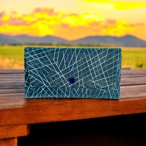 Cartera azul para mujer, cartera triple, cartera de piel sintética para mujer, cartera con diseño geométrico azul, cierre a presión.