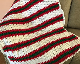 Christmas Crochet Afghan: Red, Green, White Stripe Throw