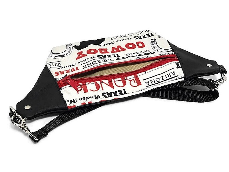 Waist Purse Fanny Pack Ladies Hip Bag Bum Bag Money Belt Adjustable Belt Bag Black Leather and Western Print Fabric Fanny Bag
