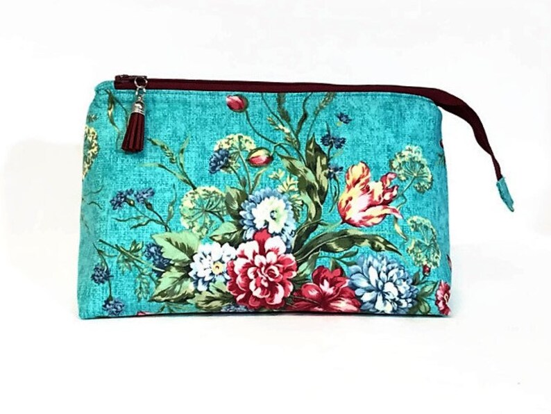Large Teal Floral Makeup Bag Cosmetic Pouch Fabric Zip Bag Etsy